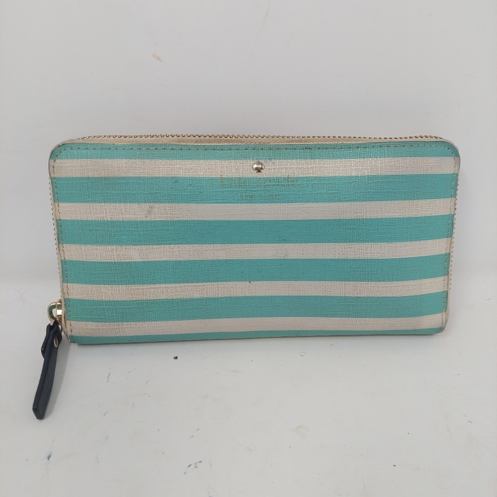 Kate Spade Teal Blue White Striped Wallet Zip Around Saffiano Leather Accordian